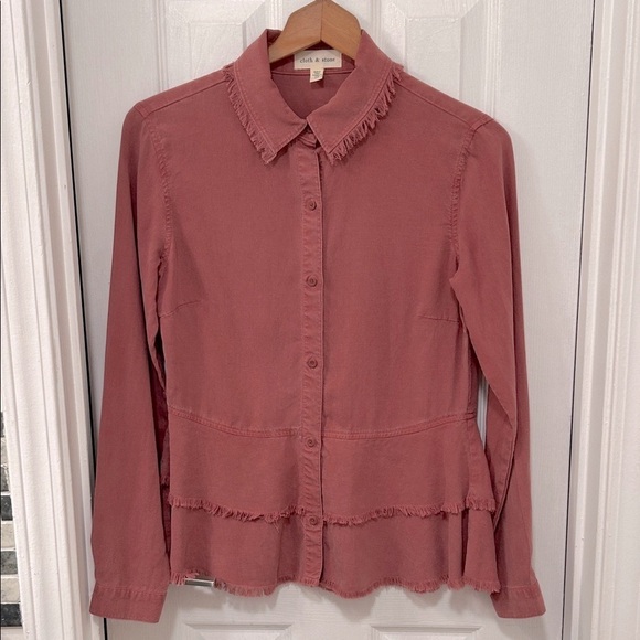 cloth & stone Tops - Cloth & Stone Women’s Fringed Ruffle Hem Terracotta Button-Down Shirt Size XS